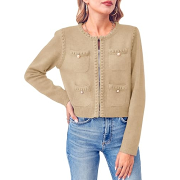 Esobo Womens Knit Cardigan Sweaters Open Front Long Sleeve Cropped Trendy Jacket Outerwear(Apricot,Medium)