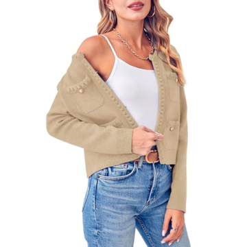 Esobo Womens Knit Cardigan Sweaters Open Front Long Sleeve Cropped Trendy Jacket Outerwear(Apricot,Medium)