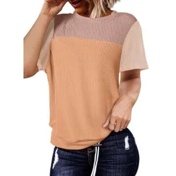 BLENCOT Womens Summer Tops 2025 Colorblock Round Neck Cute Women 2025 Fashion Loose Fit Spring Tops Business Blouses Work t-Shirts Camel Brown Medium