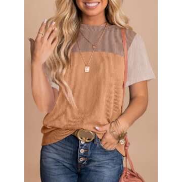 BLENCOT Womens Summer Tops 2025 Colorblock Round Neck Cute Women 2025 Fashion Loose Fit Spring Tops Business Blouses Work t-Shirts Camel Brown Medium