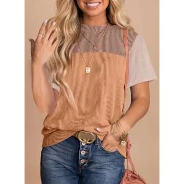 BLENCOT Womens Summer Tops 2025 Colorblock Round Neck Cute Women 2025 Fashion Loose Fit Spring Tops Business Blouses Work t-Shirts Camel Brown Medium