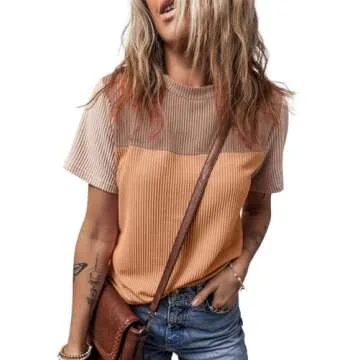 BLENCOT Womens Summer Tops 2025 Colorblock Round Neck Cute Women 2025 Fashion Loose Fit Spring Tops Business Blouses Work t-Shirts Camel Brown Medium