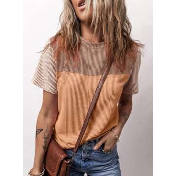 BLENCOT Womens Summer Tops 2025 Colorblock Round Neck Cute Women 2025 Fashion Loose Fit Spring Tops Business Blouses Work t-Shirts Camel Brown Medium