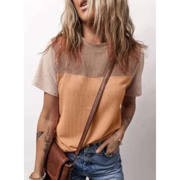 BLENCOT Womens Summer Tops 2025 Colorblock Round Neck Cute Women 2025 Fashion Loose Fit Spring Tops Business Blouses Work t-Shirts Camel Brown Medium