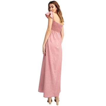 Anna-Kaci Ruffled Cap Sleeve Smocked Ruche Bodice Front Slit Maxi Long Beach Vacation Dress,Pink,Sma...