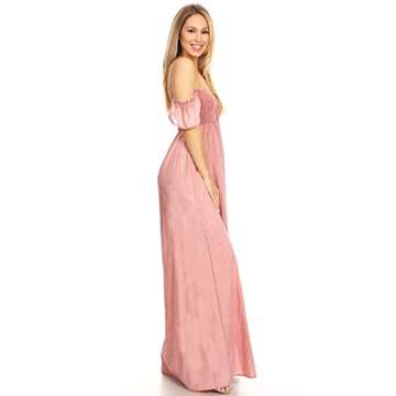 Anna-Kaci Ruffled Cap Sleeve Smocked Ruche Bodice Front Slit Maxi Long Beach Vacation Dress,Pink,Small