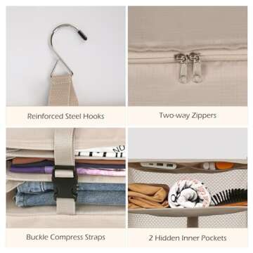 Surblue Hanging Closet Storage Bag Collapsible 3-Shelf Washable Oxford Fabric with 2 Hooks (L 11.41 * 11.41 * 19.68in, Beige)
