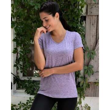 Real Essentials Womens V Neck T-Shirt Ladies Yoga Top Athletic Tees Active Wear Gym Workout Zumba Exercise Running Essentials Quick Dry Fit Dri Fit Moisture Wicking Basic Clothes, Set 1, L, Pack of 5