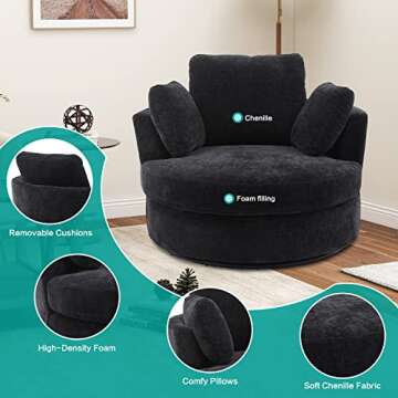 Gxcevsou 42.2" W Chenille Velvet Loveseat Sofa Swivel Barrel Chair for Bedroom with 3 Pillows, Mid Century Modern Accent Chair for Living Room, Comfy Reading Chair for Office/Library/Home, Black