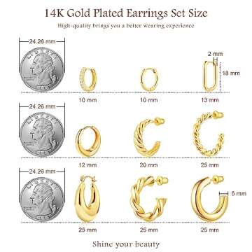 Reoxvo Gold Hoop Earrings for Women， Chunky Gold Hoop Earrings Set for Women Trendy 14k Gold hoops Small Huggie Earring Multipack 9 Pairs