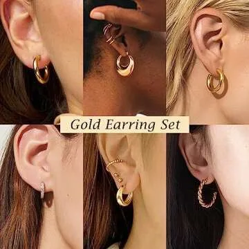 Reoxvo Gold Hoop Earrings for Women， Chunky Gold Hoop Earrings Set for Women Trendy 14k Gold hoops Small Huggie Earring Multipack 9 Pairs