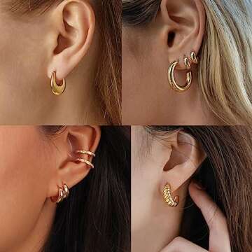 Reoxvo Gold Hoop Earrings for Women， Chunky Gold Hoop Earrings Set for Women Trendy 14k Gold hoops Small Huggie Earring Multipack 9 Pairs