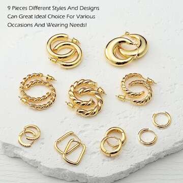 Reoxvo Gold Hoop Earrings for Women， Chunky Gold Hoop Earrings Set for Women Trendy 14k Gold hoops Small Huggie Earring Multipack 9 Pairs