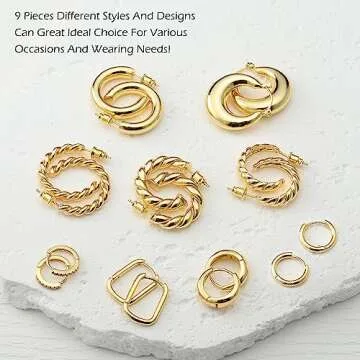 Reoxvo Gold Hoop Earrings for Women， Chunky Gold Hoop Earrings Set for Women Trendy 14k Gold hoops Small Huggie Earring Multipack 9 Pairs