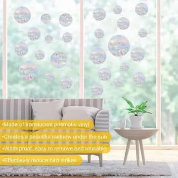 Shawula 36PCS Circle Window Clings - Anti-Collision Window Decals to Save Birds from Window Collisions,Non Adhesive Prismatic Vinyl Window Clings, Rainbow Stickers