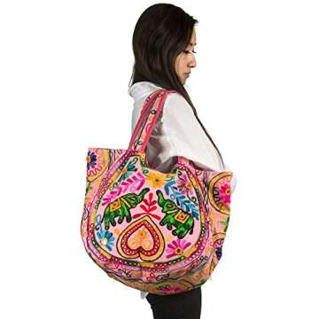 TribeAzure Pink Elephant Canvas Shoulder Bag Handbag Tote Purse Casual Spacious Summer Spring Top Handle Large
