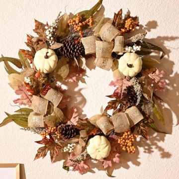 DecorbyHannah 24" Pre-Lit Fall Wreath - Perfect for Thanksgiving and Halloween