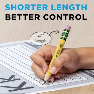 Ticonderoga My First Short Triangular Wood-Cased Pencils, #2 HB Soft, With Erasers, Yellow, 12 Count