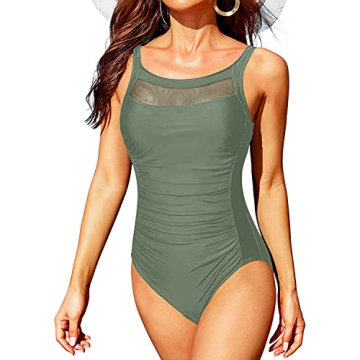Women's Olive Green Mesh Swimsuits Tummy Control Swimwear
