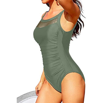 Women's Olive Green Mesh Swimsuits Tummy Control Swimwear
