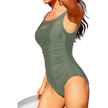 Women's Olive Green Mesh Swimsuits Tummy Control Swimwear