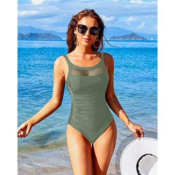 Women's Olive Green Mesh Swimsuits Tummy Control Swimwear