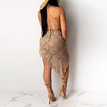 See Through Dresses for Women Sexy Club - Fashion Color Block Strap Crochet Crop Top Bodycon Skirts Party Beach Dress 2 Piece Sets Camel-2 S