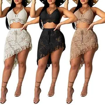 See Through Dresses for Women Sexy Club - Fashion Color Block Strap Crochet Crop Top Bodycon Skirts Party Beach Dress 2 Piece Sets Camel-2 S