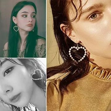 Pearl Heart Earrings Dangle for Women,Her Valentines Mother’s Day Drop Earrings Gold Gift Box Set Fashion Statement Jewelry Bridal Wedding Party Favor Decor Accessory