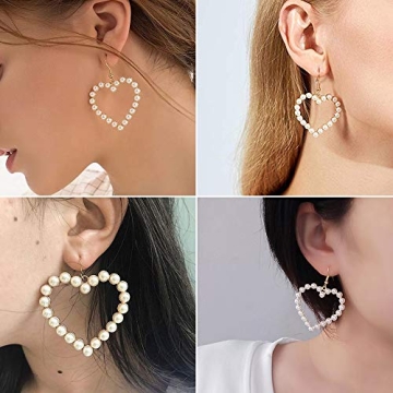 Pearl Heart Earrings Dangle for Women,Her Valentines Mother’s Day Drop Earrings Gold Gift Box Set Fashion Statement Jewelry Bridal Wedding Party Favor Decor Accessory