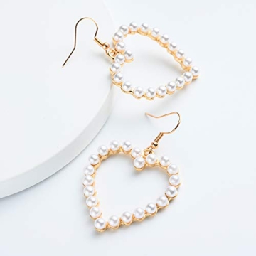 Pearl Heart Earrings Dangle for Women,Her Valentines Mother’s Day Drop Earrings Gold Gift Box Set Fashion Statement Jewelry Bridal Wedding Party Favor Decor Accessory