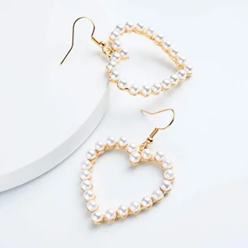 Pearl Heart Earrings Dangle for Women,Her Valentines Mother’s Day Drop Earrings Gold Gift Box Set Fashion Statement Jewelry Bridal Wedding Party Favor Decor Accessory