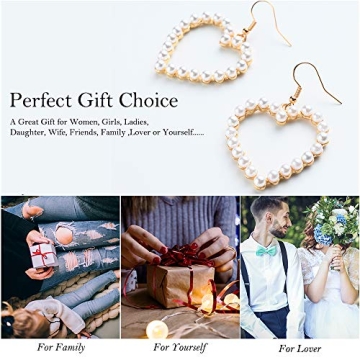 Pearl Heart Earrings Dangle for Women,Her Valentines Mother’s Day Drop Earrings Gold Gift Box Set Fashion Statement Jewelry Bridal Wedding Party Favor Decor Accessory