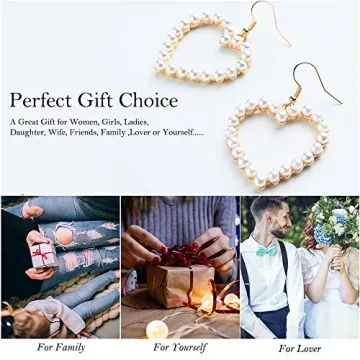 Pearl Heart Earrings Dangle for Women,Her Valentines Mother’s Day Drop Earrings Gold Gift Box Set Fashion Statement Jewelry Bridal Wedding Party Favor Decor Accessory