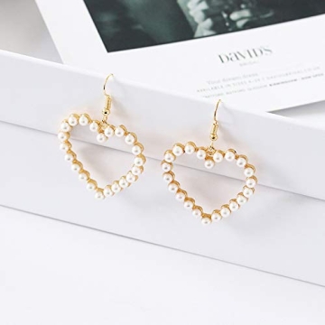 Pearl Heart Earrings Dangle for Women,Her Valentines Mother’s Day Drop Earrings Gold Gift Box Set Fashion Statement Jewelry Bridal Wedding Party Favor Decor Accessory