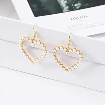 Pearl Heart Earrings Dangle for Women,Her Valentines Mother’s Day Drop Earrings Gold Gift Box Set Fashion Statement Jewelry Bridal Wedding Party Favor Decor Accessory