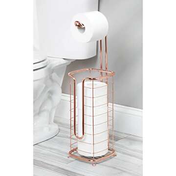 mDesign Steel Metal Free Standing Toilet Paper Holder with Storage for Bathroom, Floor Stand Holder 3 Toilet Tissue Roll Dispenser for Master or Guest Bath, Powder Room, Omni Collection, Rose Gold