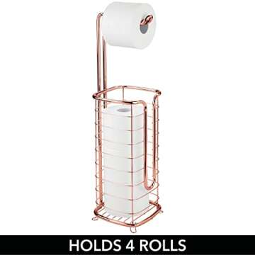 mDesign Steel Metal Free Standing Toilet Paper Holder with Storage for Bathroom, Floor Stand Holder 3 Toilet Tissue Roll Dispenser for Master or Guest Bath, Powder Room, Omni Collection, Rose Gold