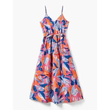 PATPAT Family Matching Outfits Mom and Daughter Matching Outfits Tropical Floral Palm Leaf Print Spaghetti Strap Mommy and Me Hawaiian Dress Boho Beach Leaf Print Hawaiian Dresses for Women M