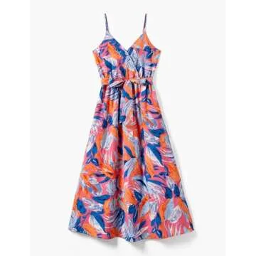 PATPAT Family Matching Outfits Mom and Daughter Matching Outfits Tropical Floral Palm Leaf Print Spaghetti Strap Mommy and Me Hawaiian Dress Boho Beach Leaf Print Hawaiian Dresses for Women M