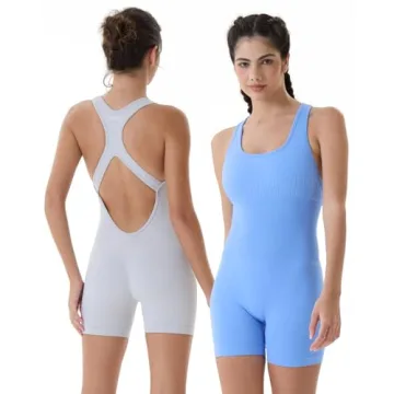 AUROLA Power Romper for Women Workout Yoga Gym Seamless One Piece Racerback Jumpsuit Tummy Control Sports Bra,Serenity Blue,XS