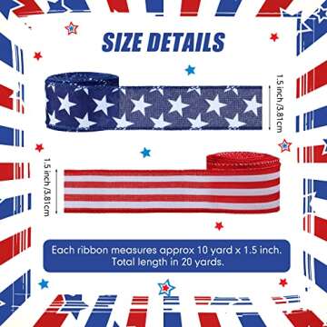 Hoteam 2 Rolls 20 Yard Red White and Blue Ribbon Patriotic Star and Striped Wired Royal USA Ribbon D...