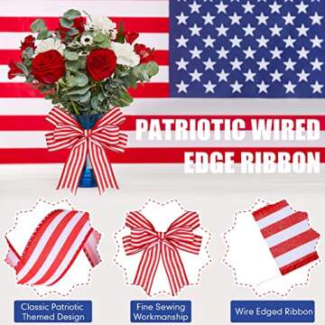 Hoteam 2 Rolls 20 Yard Red White and Blue Ribbon Patriotic Star and Striped Wired Royal USA Ribbon DIY Crafts for 4th of July, Independence Day, Memorial Day(1.5 Inch,Red, White, Blue)