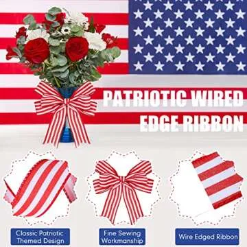 Hoteam 2 Rolls 20 Yard Red White and Blue Ribbon Patriotic Star and Striped Wired Royal USA Ribbon DIY Crafts for 4th of July, Independence Day, Memorial Day(1.5 Inch,Red, White, Blue)