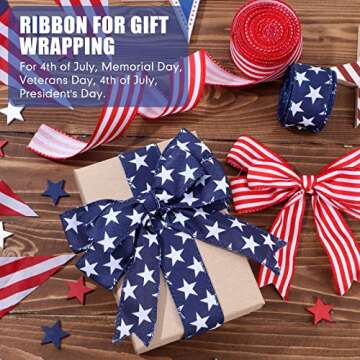 Hoteam 2 Rolls 20 Yard Red White and Blue Ribbon Patriotic Star and Striped Wired Royal USA Ribbon DIY Crafts for 4th of July, Independence Day, Memorial Day(1.5 Inch,Red, White, Blue)