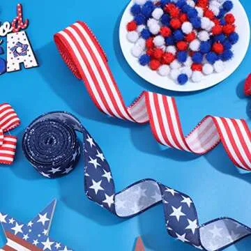 Hoteam 2 Rolls 20 Yard Red White and Blue Ribbon Patriotic Star and Striped Wired Royal USA Ribbon DIY Crafts for 4th of July, Independence Day, Memorial Day(1.5 Inch,Red, White, Blue)