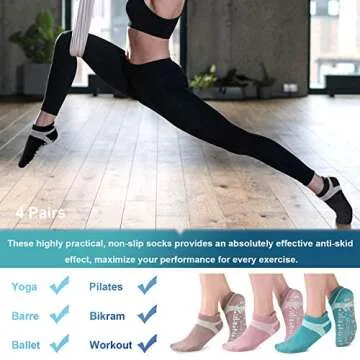 Muezna Non Slip Yoga Socks for Women, Anti-Skid Pilates, Barre, Hospital Socks with Grips, Size 5-10