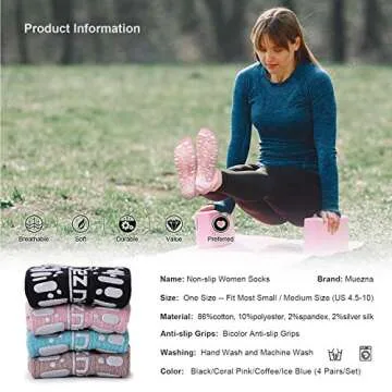 Muezna Non Slip Yoga Socks for Women, Anti-Skid Pilates, Barre, Hospital Socks with Grips, Size 5-10