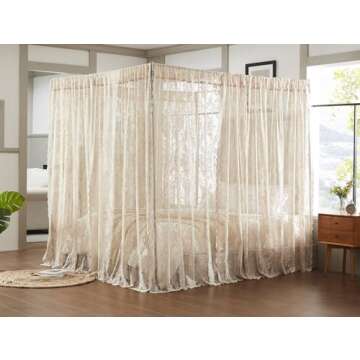 Warm Home Designs Lace Canopy Bed Curtains Set Consists of 8 48" x 78" Linen Canopy Curtains with Ti...