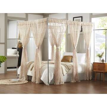 Warm Home Designs Lace Canopy Bed Curtains Set Consists of 8 48" x 78" Linen Canopy Curtains with Tie-Backs. Queen Canopy Bed Curtains or King Bed Canopy Curtains for Coquette Bedroom Decor. LC Linen